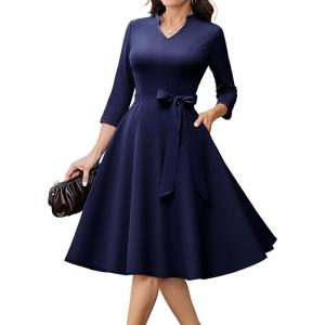 imageHomRain Elegant Long Sleeve Church Dress for Women VNeck ALine Swing Cocktail Causal Dress with PocketsNavy