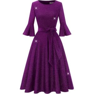 imageHomRain Womens Church Dresses for 2025 Wedding Guest Cocktail Tea Party Bell Sleeve Vintage Evening Graduation DressGlittergrape