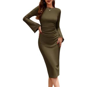 imageHomRain Womens Crew Neck Bodycon Dresses for 2025 Fall Ribbed Knit Midi Fashion Date Party Cocktail DressArmy Green