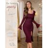 imageHomRain Womens Long Sleeve Midi Dress Bodycon Square Neck Split Hem Mesh Wedding Guest Cocktail Party DressesBurgundy