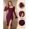 imageHomRain Womens Long Sleeve Midi Dress Bodycon Square Neck Split Hem Mesh Wedding Guest Cocktail Party DressesBurgundy