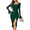 imageHomRain Womens Long Sleeve Midi Dress Bodycon Square Neck Split Hem Mesh Wedding Guest Cocktail Party DressesDark Green