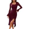 imageHomRain Womens Long Sleeve Midi Dress Bodycon Square Neck Split Hem Mesh Wedding Guest Cocktail Party DressesBurgundy