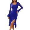 imageHomRain Womens Long Sleeve Midi Dress Bodycon Square Neck Split Hem Mesh Wedding Guest Cocktail Party DressesRoyalblue