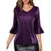 imageHomRain Womens Ruffle 34 Sleeve Sparkle Top Blouses Casual Shirts VNeck Glitter Night Out Tops for Elegant EveningGrape