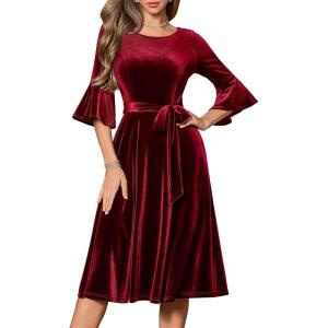 imageHomRain Womens Church Dresses for 2025 Wedding Guest Cocktail Tea Party Bell Sleeve Vintage Evening Graduation DressVelvetdarkred