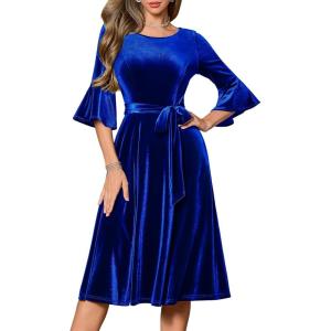 imageHomRain Womens Church Dresses for 2025 Wedding Guest Cocktail Tea Party Bell Sleeve Vintage Evening Graduation DressVelvetroyalblue
