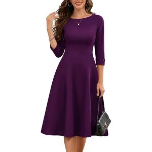 imageHomRain Womens Fit and Flare Midi Dress34 Sleeve Modest Church Dress Classy Causal Work Dresses with PocketsGrape