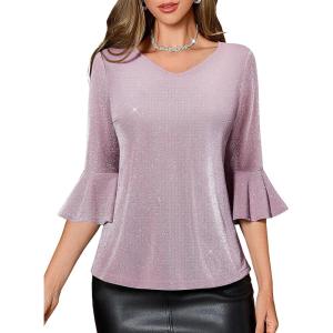 imageHomRain Womens Ruffle 34 Sleeve Sparkle Top Blouses Casual Shirts VNeck Glitter Night Out Tops for Elegant EveningBlush