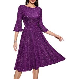 imageHomRain Womens Long Sleeve Velvet Midi Dresses for Wedding Guest Church Formal Winter Christmas Cocktail PartyGlittergrape