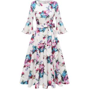 imageHomRain Womens Long Sleeve Velvet Midi Dresses for Wedding Guest Church Formal Winter Christmas Cocktail PartyWhite Flower