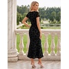 image:imageHomRain Summer Floral Wedding Guest Maxi Dress for Women Short Sleeve Bodycon Mesh Ruched Dresses Elegant Cocktail DressBlack