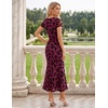 image:imageHomRain Summer Floral Wedding Guest Maxi Dress for Women Short Sleeve Bodycon Mesh Ruched Dresses Elegant Cocktail DressBurgundy