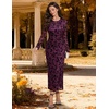 image:imageHomRain Womens Mesh Maxi Long Sleeve Floral Bodycon Dress Ruched Wedding Guest Cocktail Party DressesBurgundy