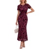 image:imageHomRain Summer Floral Wedding Guest Maxi Dress for Women Short Sleeve Bodycon Mesh Ruched Dresses Elegant Cocktail DressBurgundy