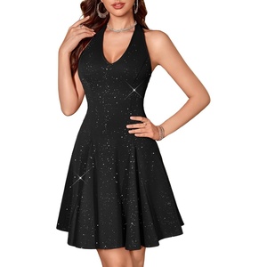image:imageHomRain Glitter Sparkle V Neck Cocktail Dress for Women 2026 A Line Backless Halter Sequin Homecoming Evening Party DressesBlack