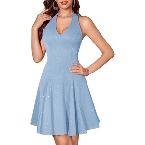 image:imageHomRain Glitter Sparkle V Neck Cocktail Dress for Women 2026 A Line Backless Halter Sequin Homecoming Evening Party DressesBlue