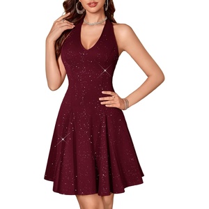 image:imageHomRain Glitter Sparkle V Neck Cocktail Dress for Women 2026 A Line Backless Halter Sequin Homecoming Evening Party DressesBurgundy