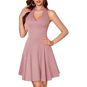 image:imageHomRain Glitter Sparkle V Neck Cocktail Dress for Women 2026 A Line Backless Halter Sequin Homecoming Evening Party DressesDustyrose