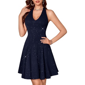 image:imageHomRain Glitter Sparkle V Neck Cocktail Dress for Women 2026 A Line Backless Halter Sequin Homecoming Evening Party DressesNavy