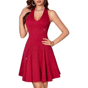 image:imageHomRain Glitter Sparkle V Neck Cocktail Dress for Women 2026 A Line Backless Halter Sequin Homecoming Evening Party DressesRed