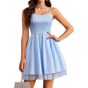 image:imageHomRain Sparkly Sequined Cocktail Dress for Women Spaghetti Strap A Line Homecoming Graduation Dress with Soft Tulle LiningBlue