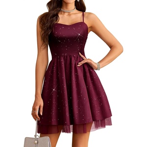 image:imageHomRain Sparkly Sequined Cocktail Dress for Women Spaghetti Strap A Line Homecoming Graduation Dress with Soft Tulle LiningBurgundy