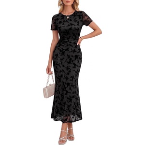 image:imageHomRain Summer Floral Wedding Guest Maxi Dress for Women Short Sleeve Bodycon Mesh Ruched Dresses Elegant Cocktail DressBlack