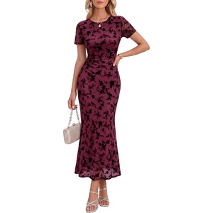 image:imageHomRain Summer Floral Wedding Guest Maxi Dress for Women Short Sleeve Bodycon Mesh Ruched Dresses Elegant Cocktail DressBurgundy