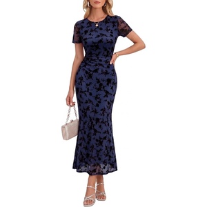 image:imageHomRain Summer Floral Wedding Guest Maxi Dress for Women Short Sleeve Bodycon Mesh Ruched Dresses Elegant Cocktail DressNavy
