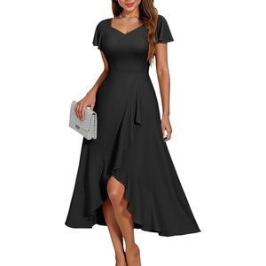 image:imageHomRain V Neck Formal Wedding Guest Dresses for Women Ruffle Sleeves for Cocktail Graduation Modest DressBlack