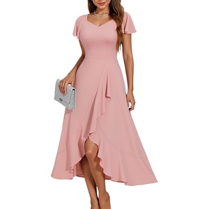 image:imageHomRain V Neck Formal Wedding Guest Dresses for Women Ruffle Sleeves for Cocktail Graduation Modest DressBlush