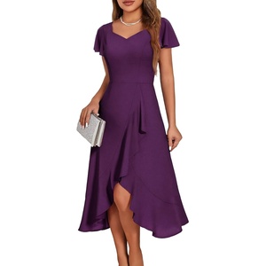 image:imageHomRain V Neck Formal Wedding Guest Dresses for Women Ruffle Sleeves for Cocktail Graduation Modest DressGrape