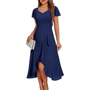 image:imageHomRain V Neck Formal Wedding Guest Dresses for Women Ruffle Sleeves for Cocktail Graduation Modest DressNavy