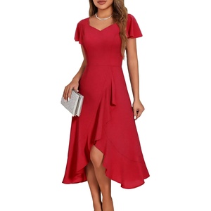 image:imageHomRain V Neck Formal Wedding Guest Dresses for Women Ruffle Sleeves for Cocktail Graduation Modest DressRed