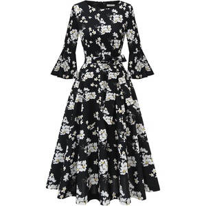 image:imageHomRain Womens Church Dresses Modest Bell Sleeve Wedding Guest Cocktail Tea Party Vintage Evening DressBlack White Flower