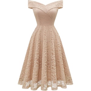 image:imageHomRain Womens Elegant Floral Lace Dress Off The Shoulder High Low Hem Dresses for Wedding for Cocktail for PartyShortchampagne
