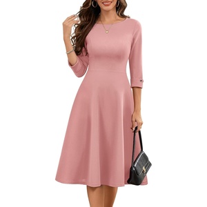 image:imageHomRain Womens Fit and Flare Midi Dress34 Sleeve Modest Church Dress Classy Causal Work Dresses with PocketsBlush