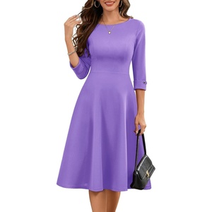 image:imageHomRain Womens Fit and Flare Midi Dress34 Sleeve Modest Church Dress Classy Causal Work Dresses with PocketsLavender