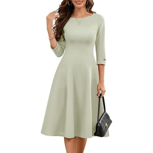 image:imageHomRain Womens Fit and Flare Midi Dress34 Sleeve Modest Church Dress Classy Causal Work Dresses with PocketsLight Green