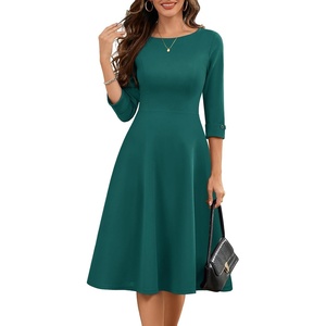 image:imageHomRain Womens Fit and Flare Midi Dress34 Sleeve Modest Church Dress Classy Causal Work Dresses with PocketsPeacock