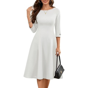image:imageHomRain Womens Fit and Flare Midi Dress34 Sleeve Modest Church Dress Classy Causal Work Dresses with PocketsWhite