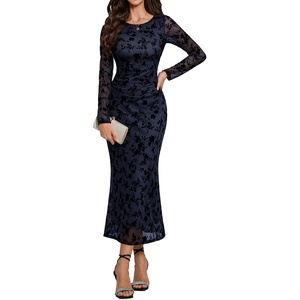 image:imageHomRain Womens Mesh Maxi Long Sleeve Floral Bodycon Dress Ruched Wedding Guest Cocktail Party DressesNavy