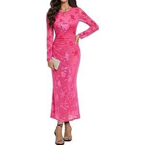 image:imageHomRain Womens Mesh Maxi Long Sleeve Floral Bodycon Dress Ruched Wedding Guest Cocktail Party DressesVrose