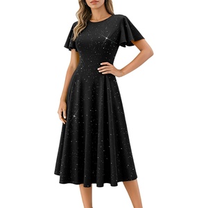image:imageHomRain Womens Sequin Formal Dresses Wedding Guest Cocktail Party ALine Flare Sleeve GownsBlack