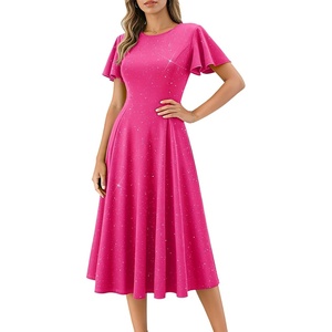 image:imageHomRain Womens Sequin Formal Dresses Wedding Guest Cocktail Party ALine Flare Sleeve GownsFuchsia
