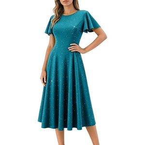 image:imageHomRain Womens Sequin Formal Dresses Wedding Guest Cocktail Party ALine Flare Sleeve GownsTeal Blue