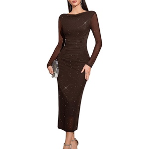 image:imageHomRain Womens Sparkly Mesh Maxi Summer Dress Long Sleeve Bodycon Dresses for Wedding Guest OutfitBrown