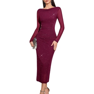 image:imageHomRain Womens Sparkly Mesh Maxi Summer Dress Long Sleeve Bodycon Dresses for Wedding Guest OutfitBurgundy