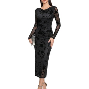 image:imageHomRain Womens Sparkly Mesh Maxi Summer Dress Long Sleeve Bodycon Dresses for Wedding Guest OutfitFloralblack